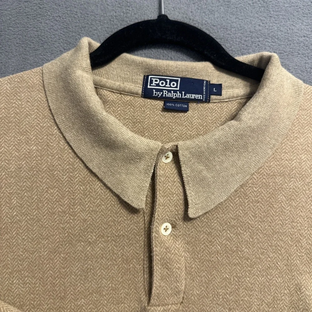 VTG Polo Ralph Lauren Herringbone Polo Shirt L/S Mens L Tan Heritage Old Money